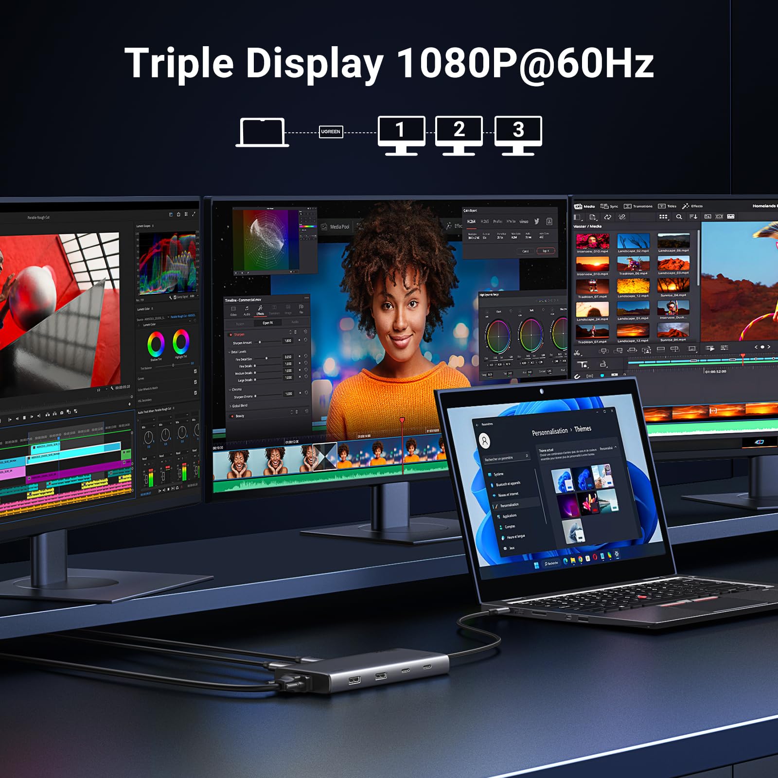 محطة إرساء يوجرين 8 في 1 USB-C بدقة 4K بشاشتين، موزع USB-C ثلاثي الشاشات مع 2 منفذ HDMI و VGA ومنفذي USB-A و USB-C 3.2 ومنفذ توصيل طاقة 100 واط