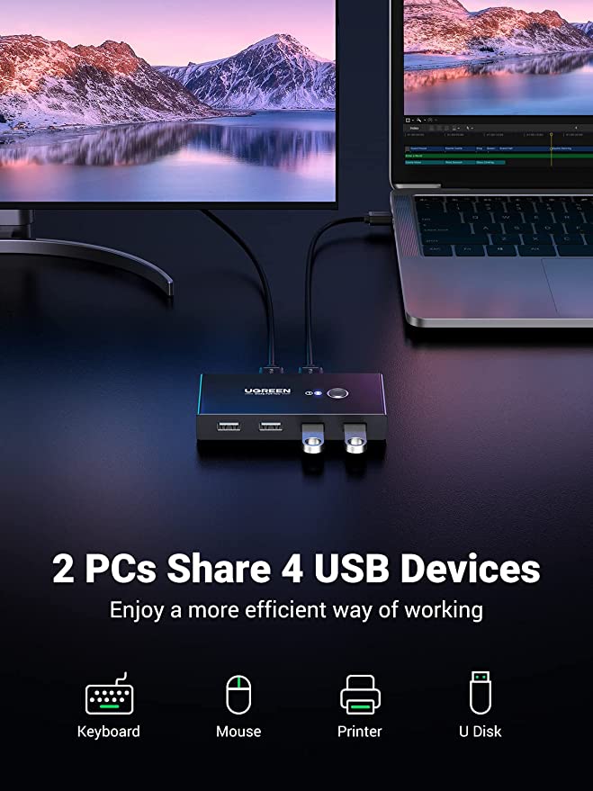 مفتاح تحديد يوجرين USB 2.0، مفتاح KVM USB 2 في 4 مخارج، بطول 1.5 متر، متوافق مع الكمبيوتر الشخصي والكمبيوتر المحمول والماسح الضوئي والطابعة - أسود