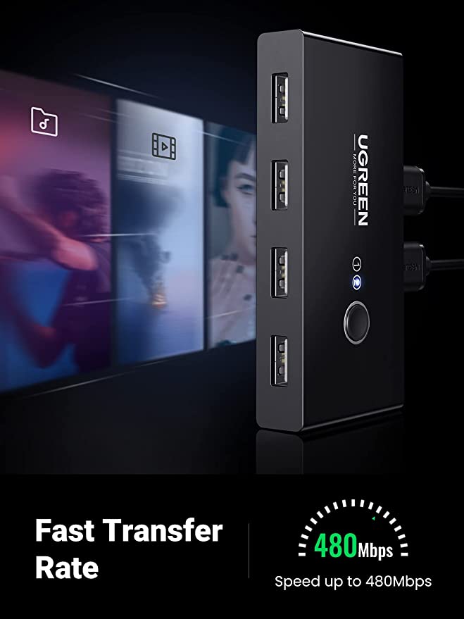 مفتاح تحديد يوجرين USB 2.0، مفتاح KVM USB 2 في 4 مخارج، بطول 1.5 متر، متوافق مع الكمبيوتر الشخصي والكمبيوتر المحمول والماسح الضوئي والطابعة - أسود