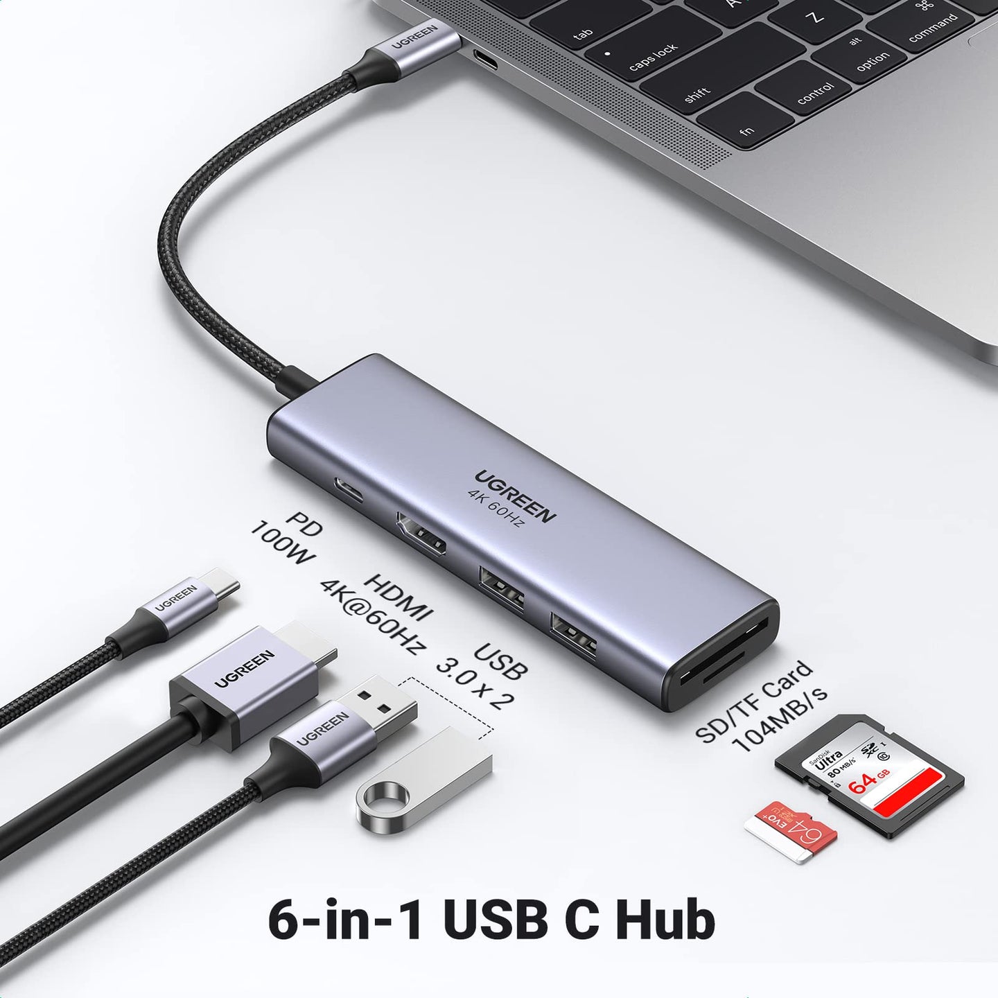 موزع يوجرين USB-C، 4K 60Hz، محول USB-C 6 في 1 إلى USB مع توصيل طاقة 100 واط، محول HDMI