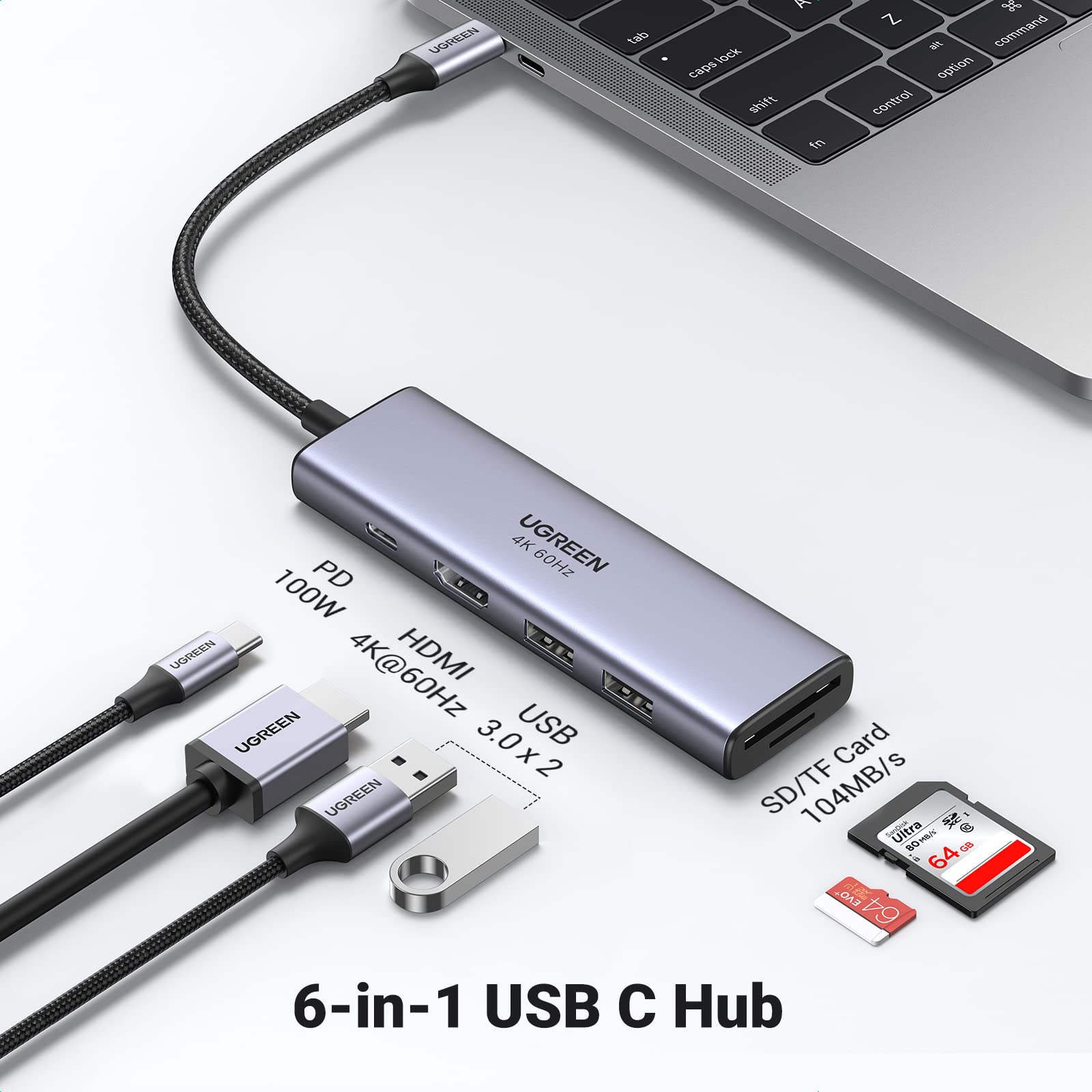 موزع يوجرين USB-C، 4K 60Hz، محول USB-C 6 في 1 إلى USB مع توصيل طاقة 100 واط، محول HDMI