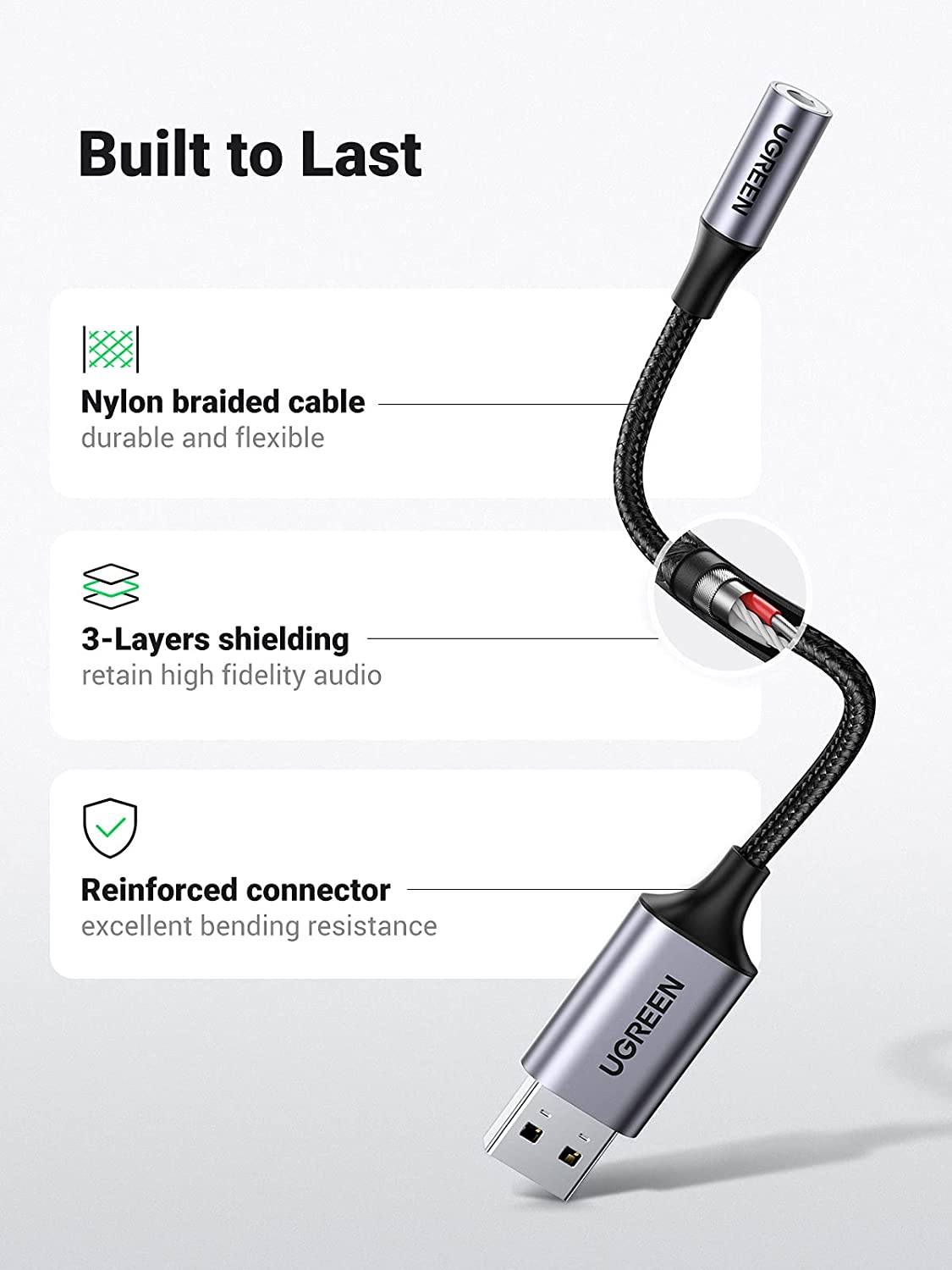 محول بطاقة الصوت يوجرين من USB إلى مقبس صوت 3.5 ملم، يو اس بي أيه