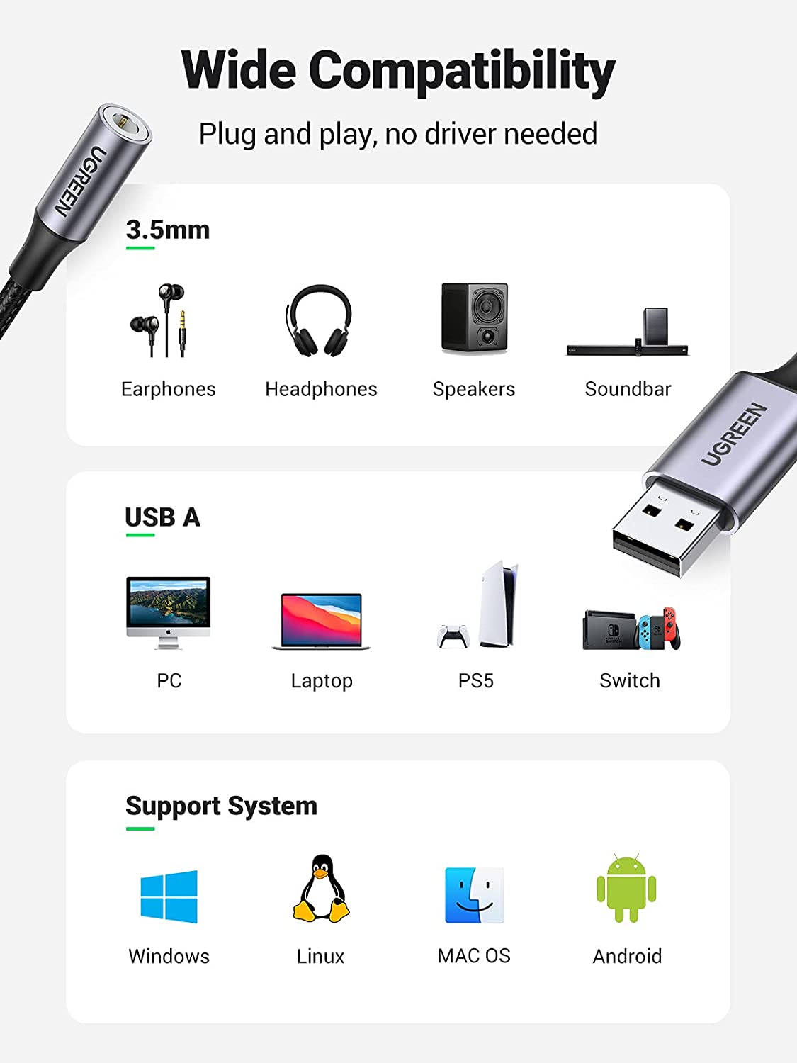 محول بطاقة الصوت يوجرين من USB إلى مقبس صوت 3.5 ملم، يو اس بي أيه