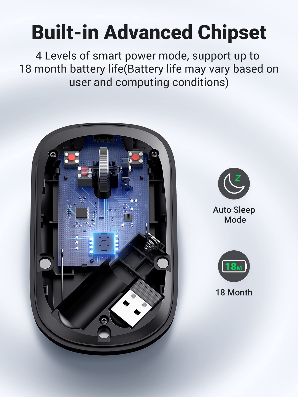 ماوس لاسلكي محمول من Ugreen مع مستقبل USB، 4000 نقطة لكل بوصة، اتصال 2.4 جيجاهرتز، عمر بطارية 18 شهرًا