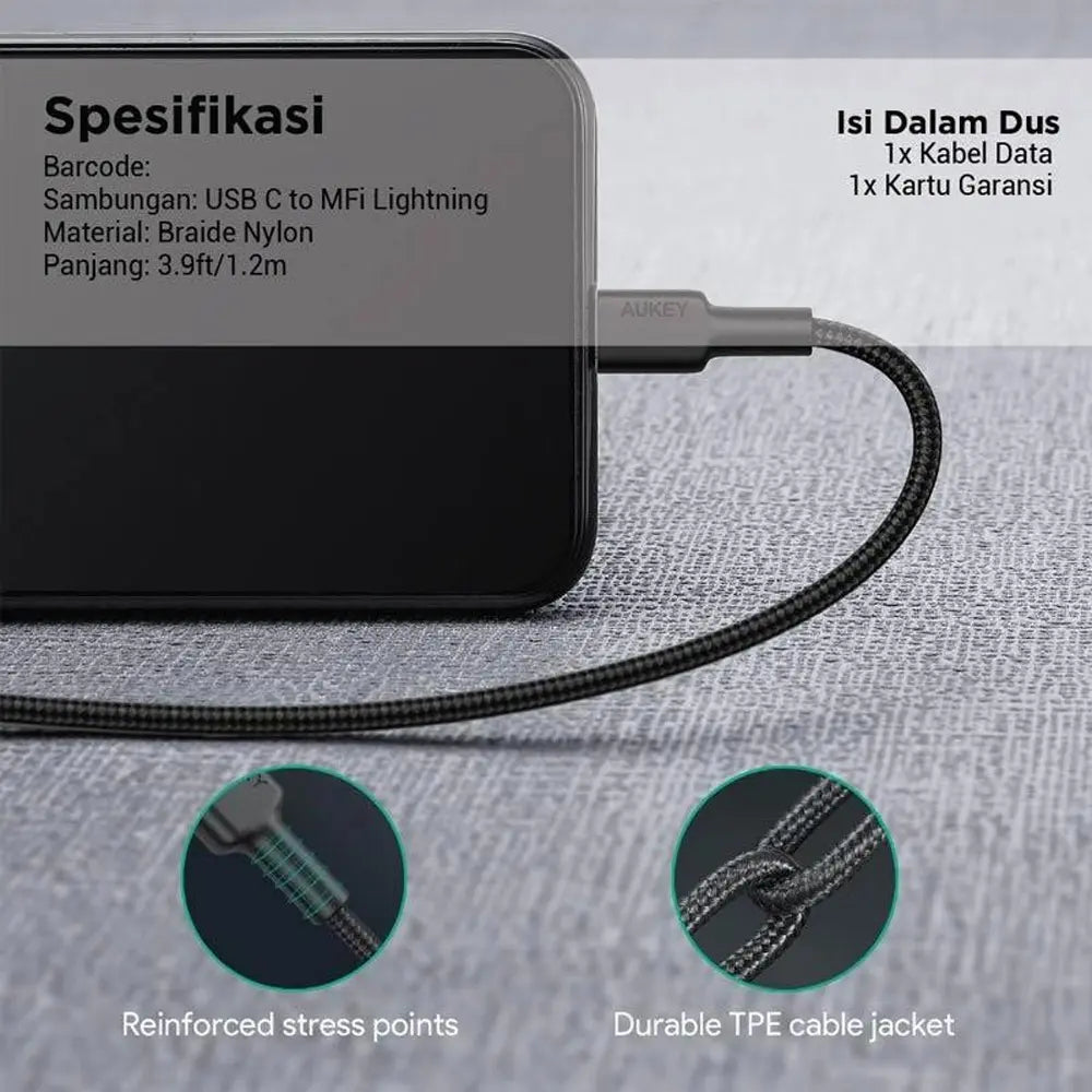 AUKEY Nylon Braided USB-C to Lightning Cable 1m