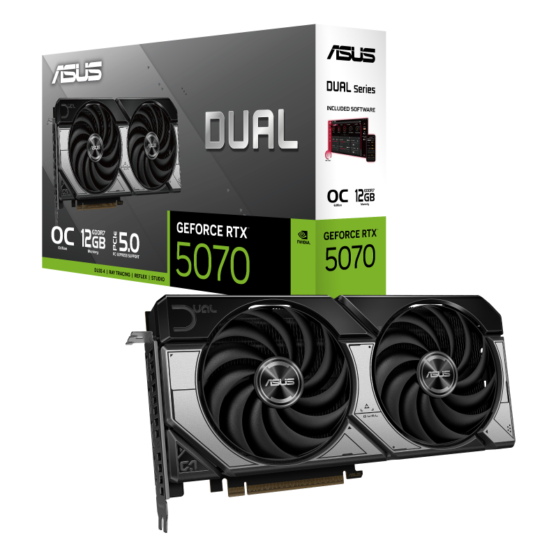 بطاقات الرسومات ASUS Dual GeForce RTX 5070 12GB OC Edition، ذاكرة وصول عشوائي للفيديو GDDR7 سعة 12 جيجابايت، منفذ PCI-E 5.0